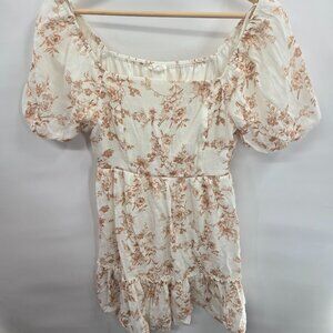 Blu Pepper White Brown Floral Cottagecore Puff Sleeves Mini Dress Size Small